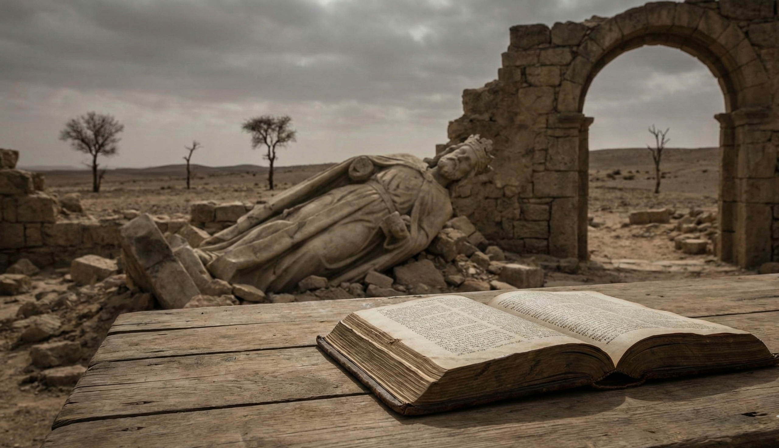 estatua de rey caída en ruinas ilustrando el orgullo en la Biblia y sus consecuencias devastadoras