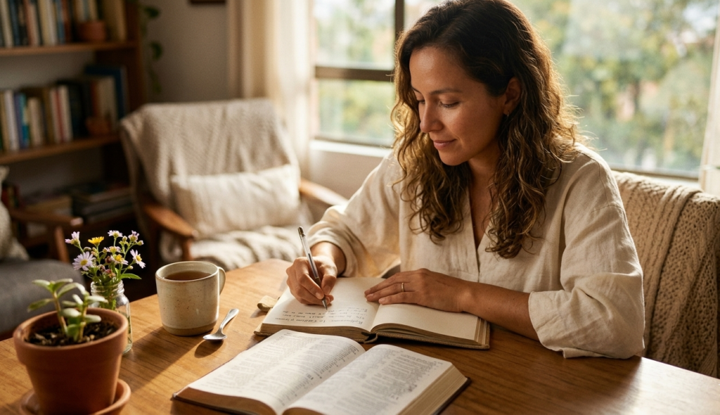 mujer cristiana en crecimiento espiritual cristiano leyendo y estudiando la Biblia
