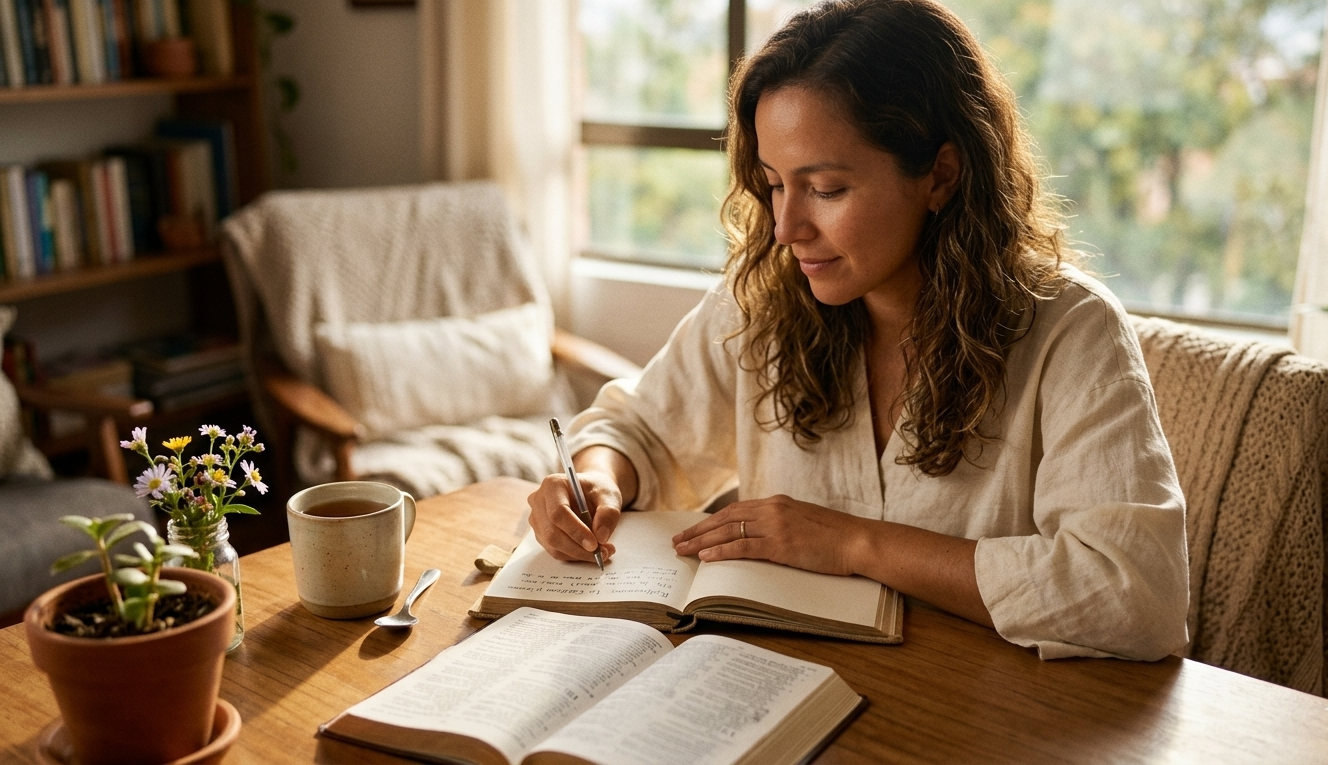 mujer cristiana en silencio leyendo la Biblia eligiendo la mejor parte como María a los pies de Jesús