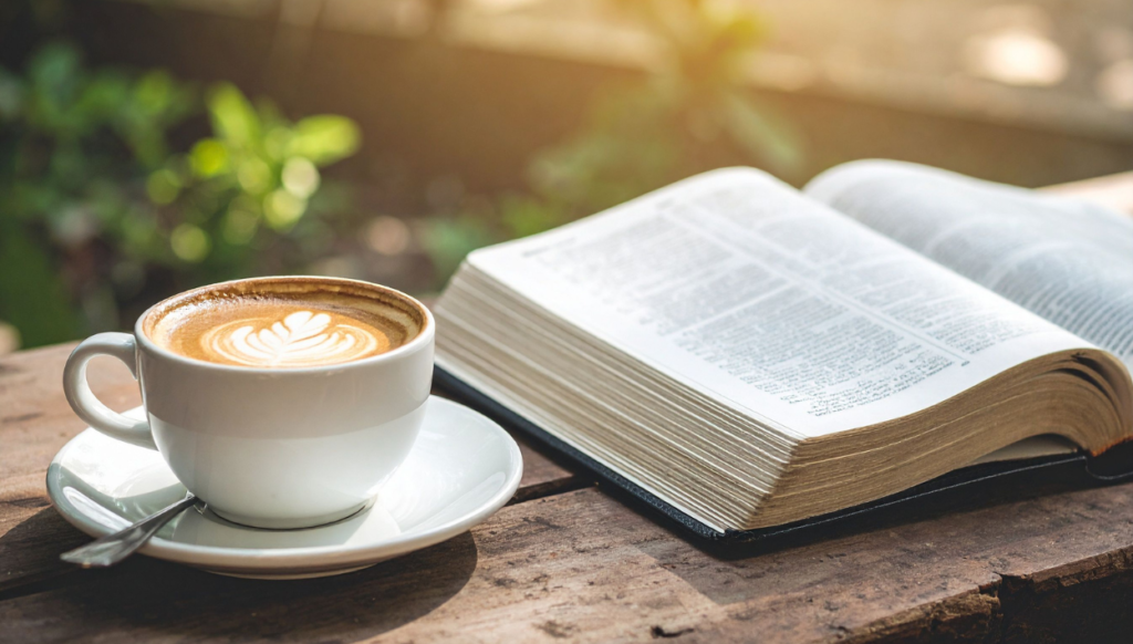 Rutina matutina con Biblia abierta, cuaderno y café — tiempo devocional con Dios