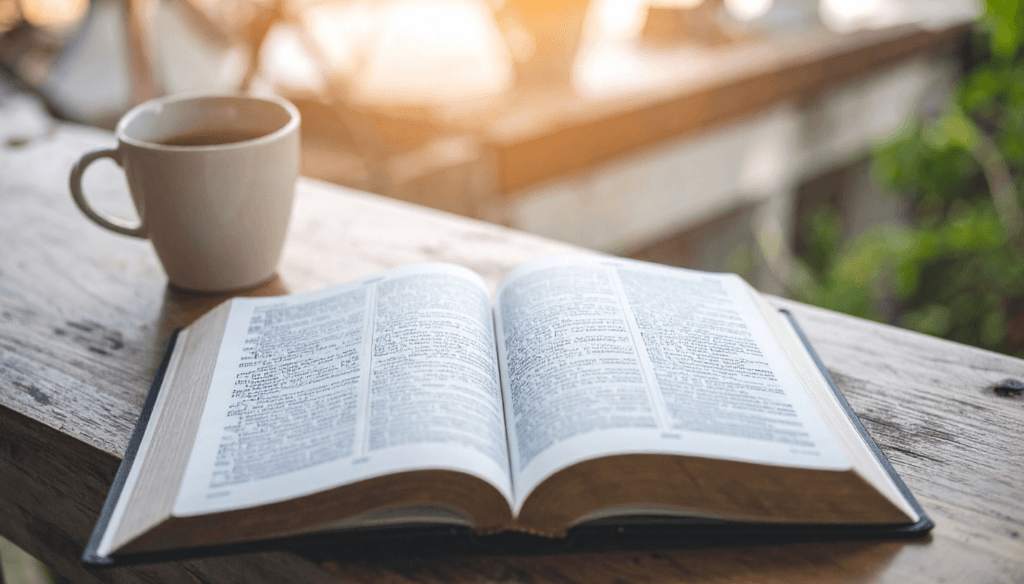 Biblia abierta iluminada por luz natural junto a una taza de café que representa la prioridad del día - la espiritualidad bíblica